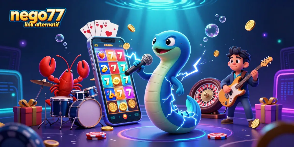 Engage with the vibrant nego77 link alternatif scene featuring a DJ eel and festive casino elements.