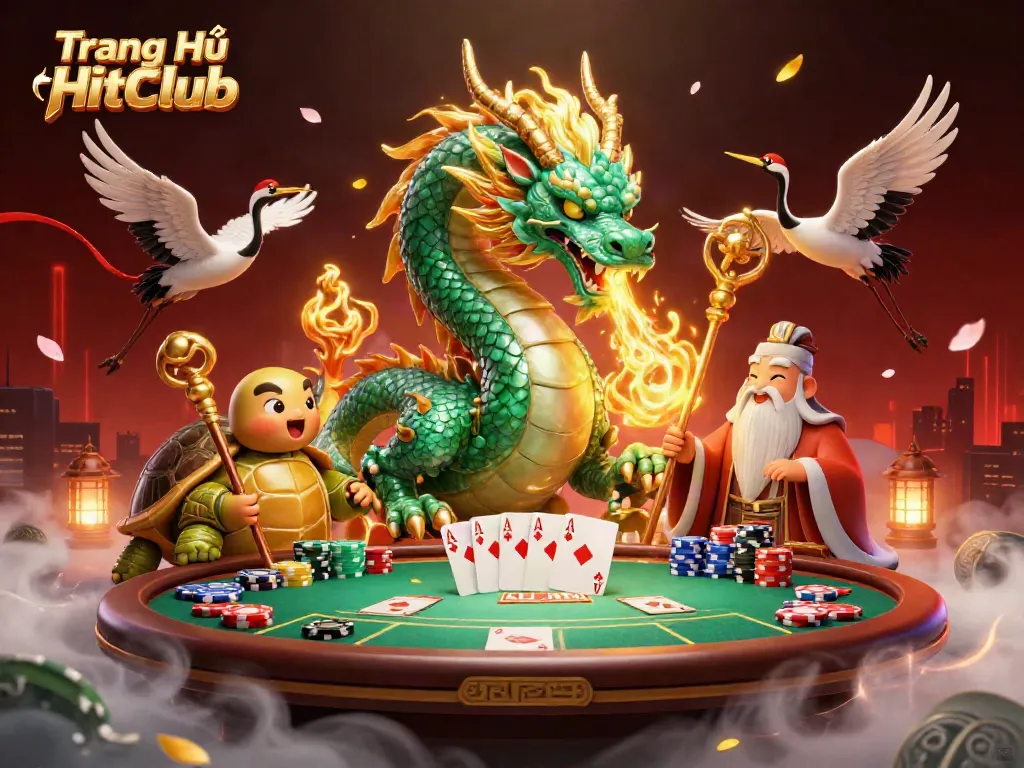 Experience the thrill of Trang Chủ HitClub with an enchanting 3D scene featuring a jade dragon and vibrant poker elements.
