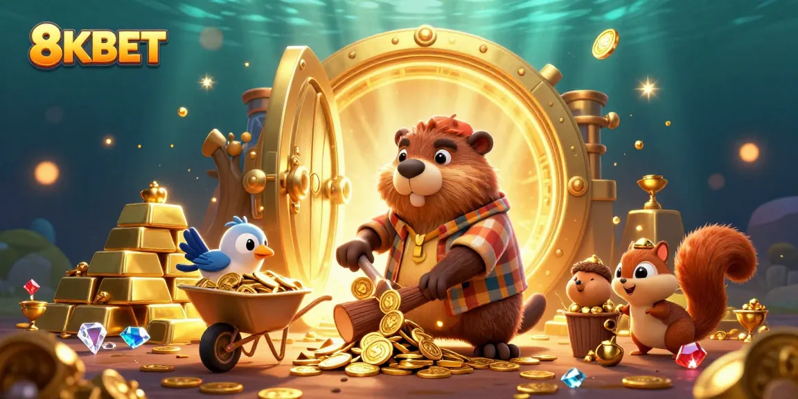 Winning with 8KBET, a cartoon beaver collecting gold coins in a vibrant casino scene.