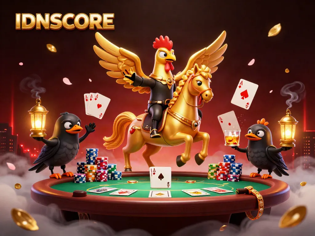 Engage with IDNSCORE's thrilling nightlife featuring a golden rooster and dynamic casino elements.