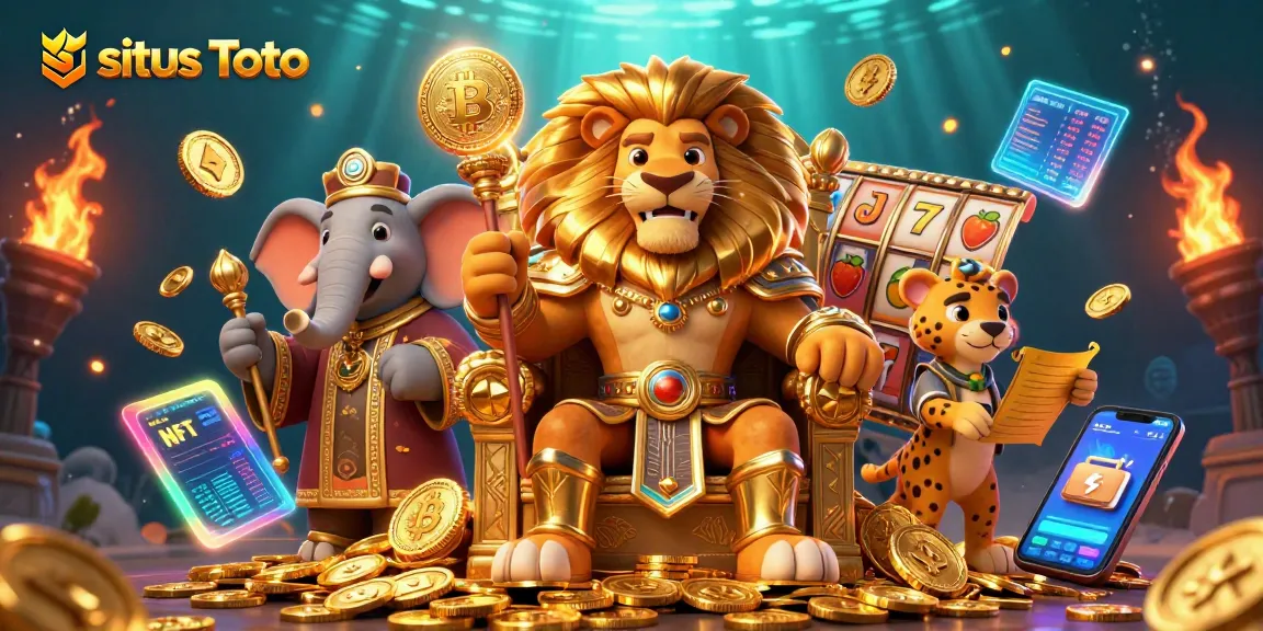 Engage with situs Toto through an exciting 3D scene featuring slot games and vibrant casino elements.
