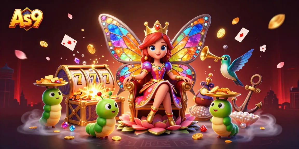 As9 casino scene featuring a butterfly queen, slot elements, and vibrant treasures