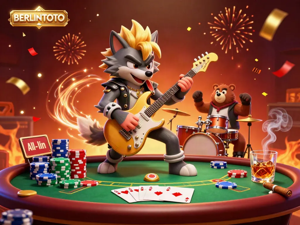 Experience the excitement of BERLINTOTO with a cartoon wolf rock star and drummer bear on a vibrant casino stage.