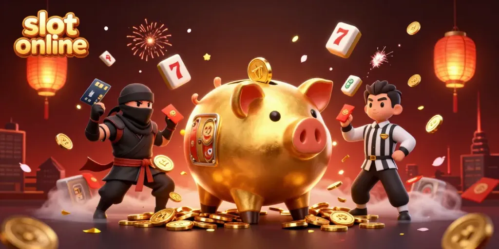Slot online dengan bank babi sumo, ninja dompet, dan samurai kartu mengelilingi slot dan koin emas.