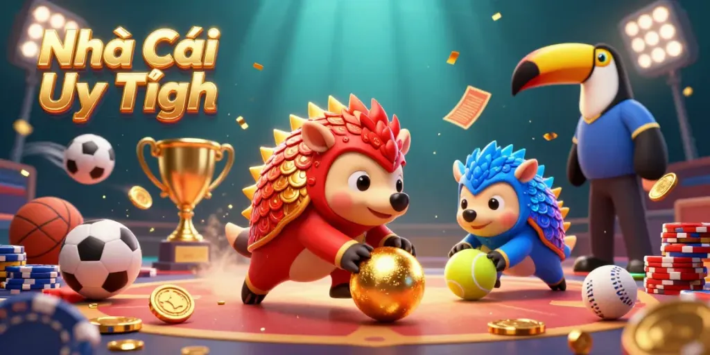 A vibrant scene illustrating a pair of rival pangolins in armor bowling through poker chips, representing Nhà Cái Uy Tín in a casino setting.
