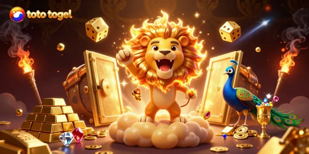 Engage in toto togel excitement with a vibrant 3D illustration of a sun lion, golden dice, and treasures.