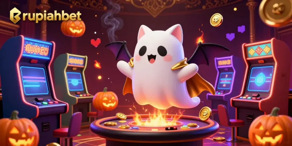 Experience vibrant gaming with rupiahbet: 3D ghost cat and vampire bat in a colorful casino.