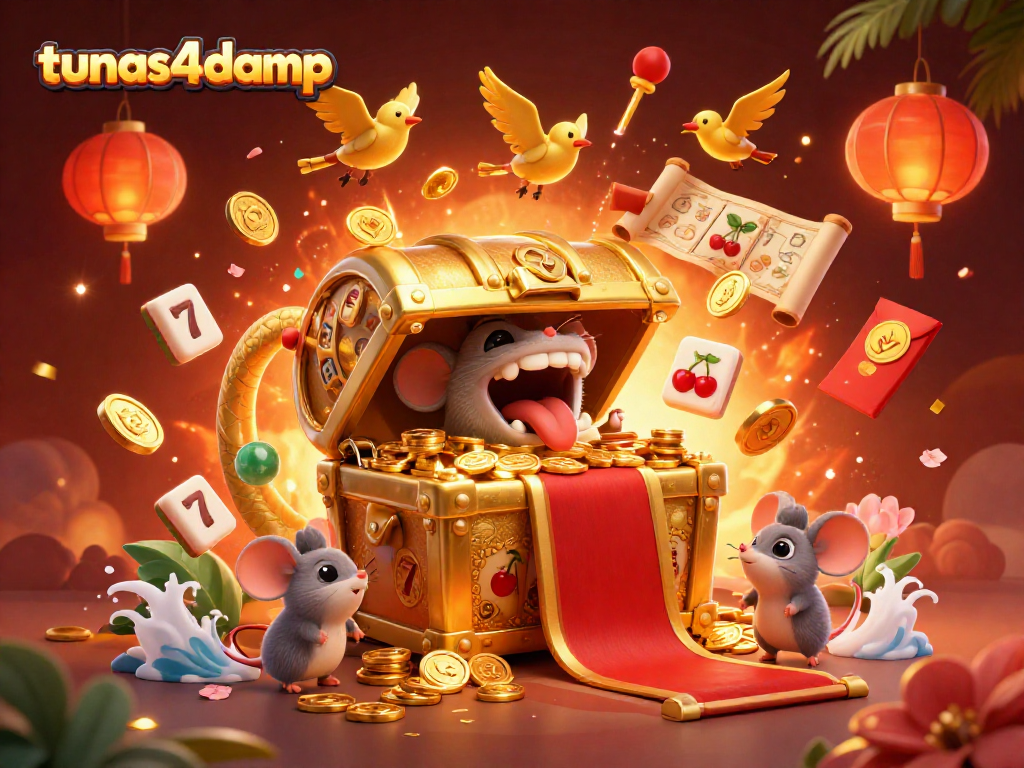 Experience thrilling riches at tunas4damp with jackpot slots surrounded by golden treasures!