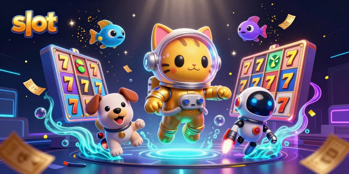 Spin the slot reels with a vibrant 3D illustration featuring a space cat and robot dog in an exciting casino-themed scene.