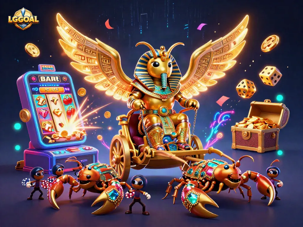 Experience the vibrant gaming energy of LGOGOAL featuring a golden scarab and joyful casino elements.