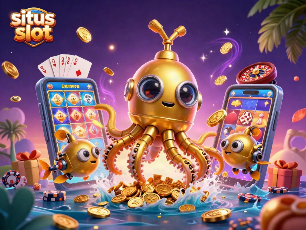 Menggali jackpot situs slot dengan ilustrasi 3D yang menggambarkan pesawat selam kraken dan ikan mekanik di lautan koin emas.