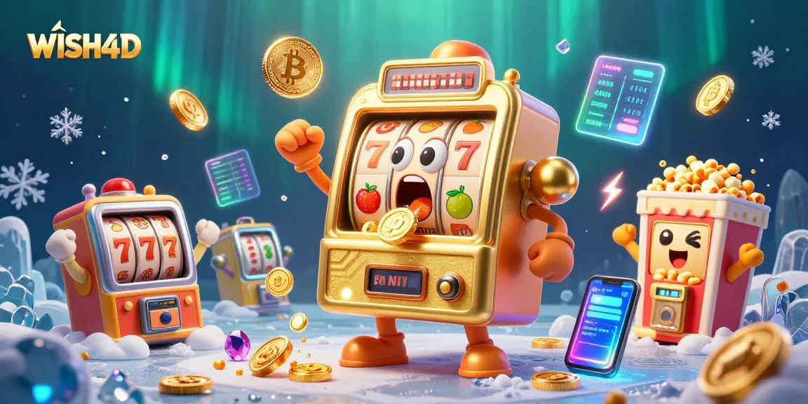 Experience the excitement at WISH4D with a golden slot machine hitting a jackpot and coins spilling everywhere!
