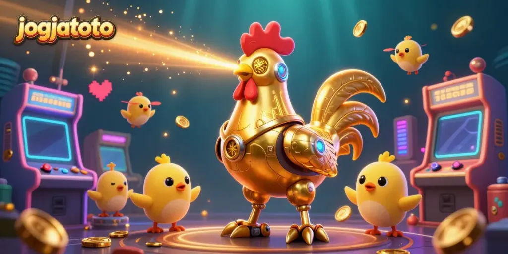 Experience the excitement of jogjatoto gaming with an ultra-detailed dynamic illustration of a golden rooster robot and flying baby chick drones.