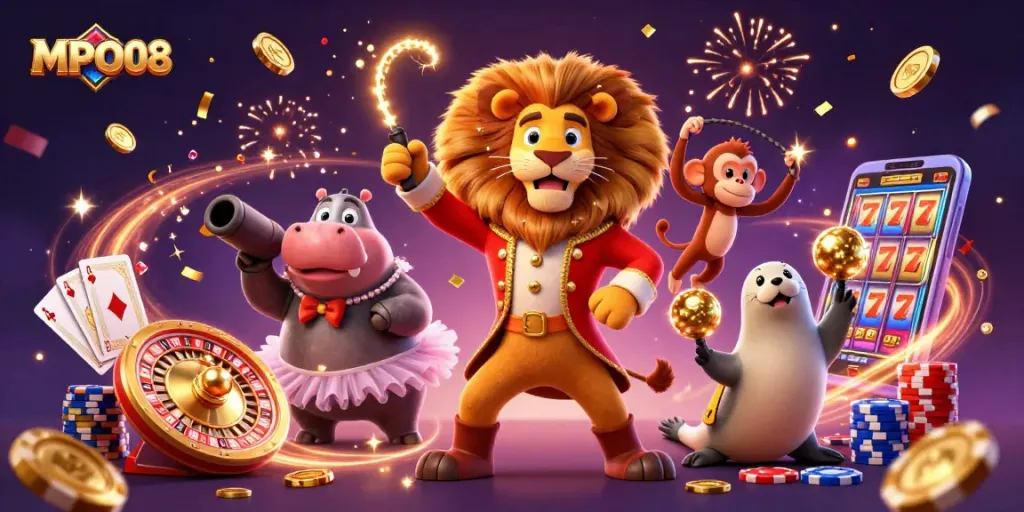 Experience thrilling gaming excitement with MPO08's animated scene of vibrant casino characters and dynamic elements.