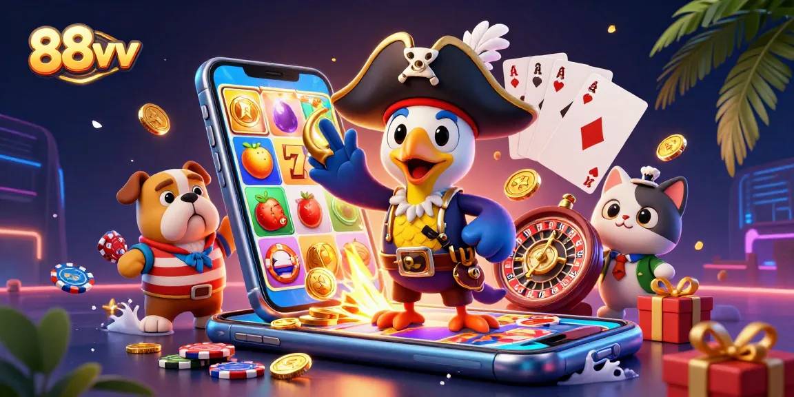 Join the exciting world of 88vv with a vibrant 3D illustration showcasing lively characters and thrilling casino elements.