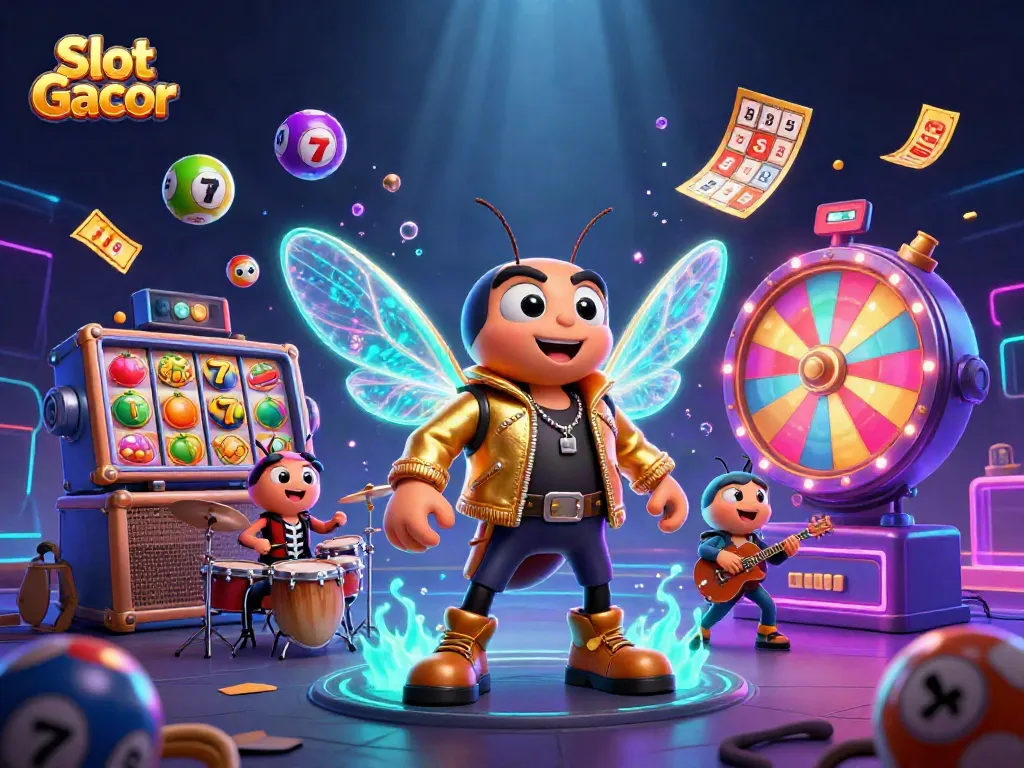 Engage with Slot Gacor's thrilling atmosphere featuring a rock star cicada and vibrant game elements.