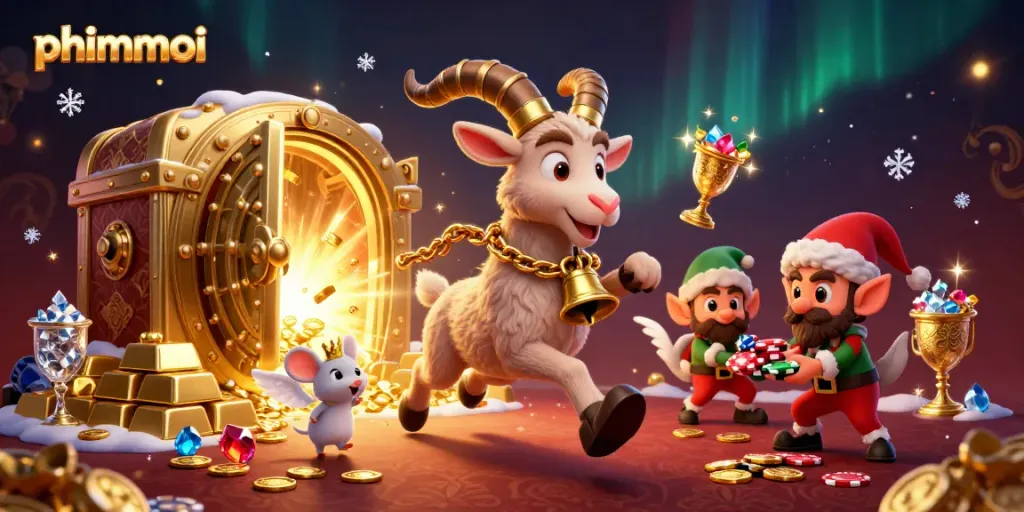 Engage in a vibrant phimmoi casino scene with Krampus, an angel mouse, and mischievous elf gremlins.