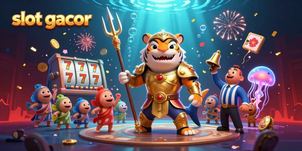Engage with slot gacor visuals, featuring a gladiator shark and dynamic slot elements in a vibrant casino-themed underwater scene.