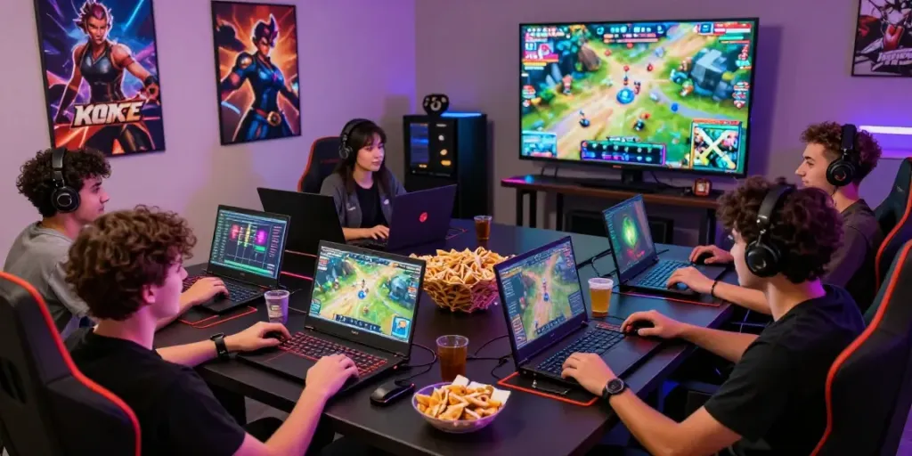 Permainan Natunatoto dengan sekelompok teman bermain game di meja besar, suasana ceria dan penuh semangat.