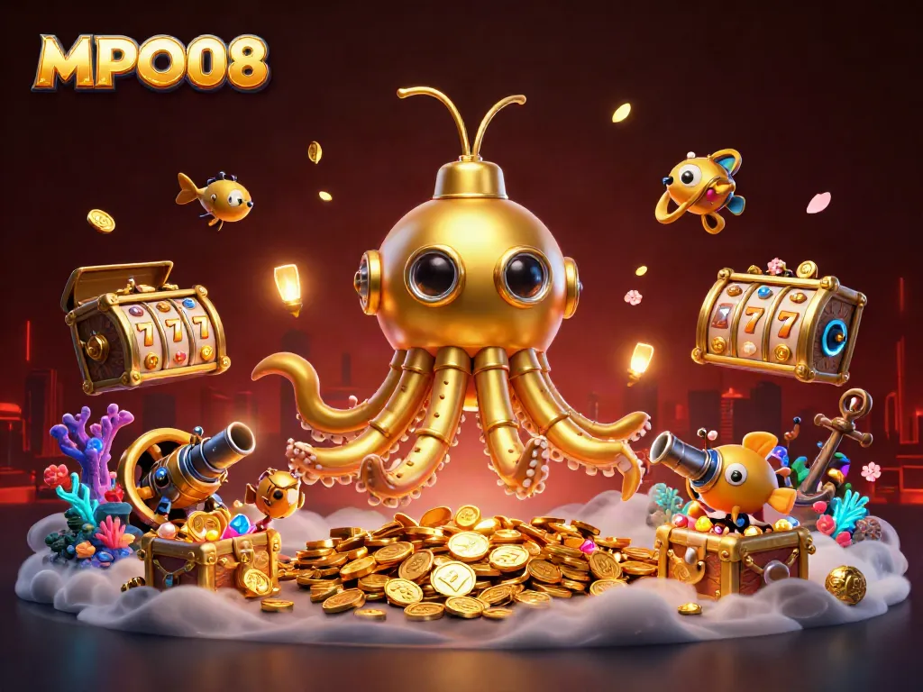 MPO08 illuminates a vibrant online casino scene with a kraken submarine and slot reels.