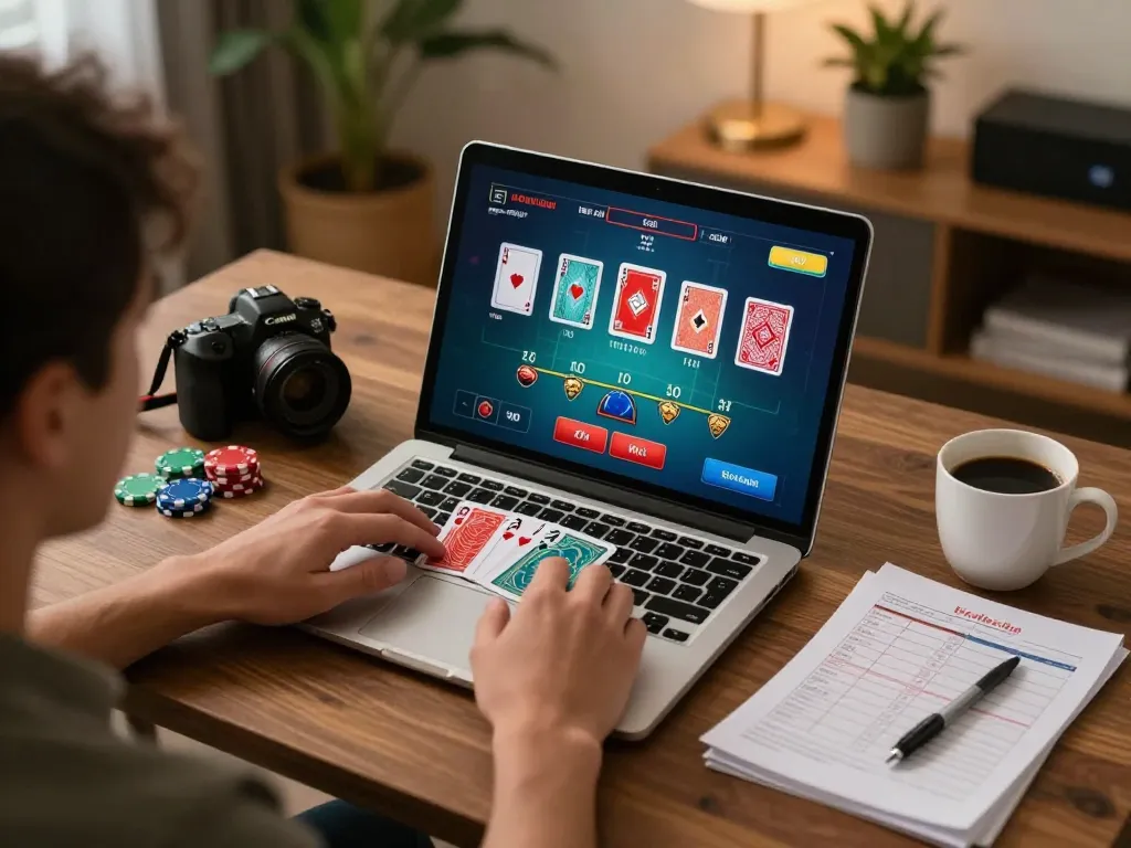 CM88 player enjoying blackjack at home with laptop and betting notes visible in a cozy environment.