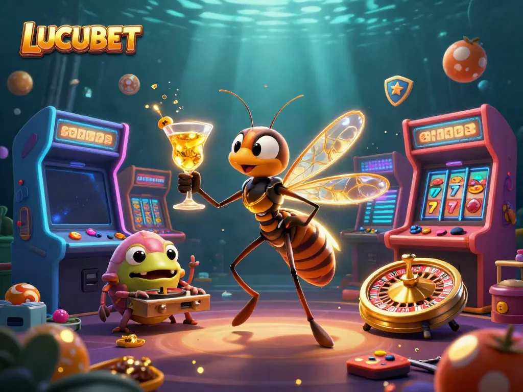LUCUBET casino mascot coming alive in a vibrant gaming scene with bold colors and dynamic elements