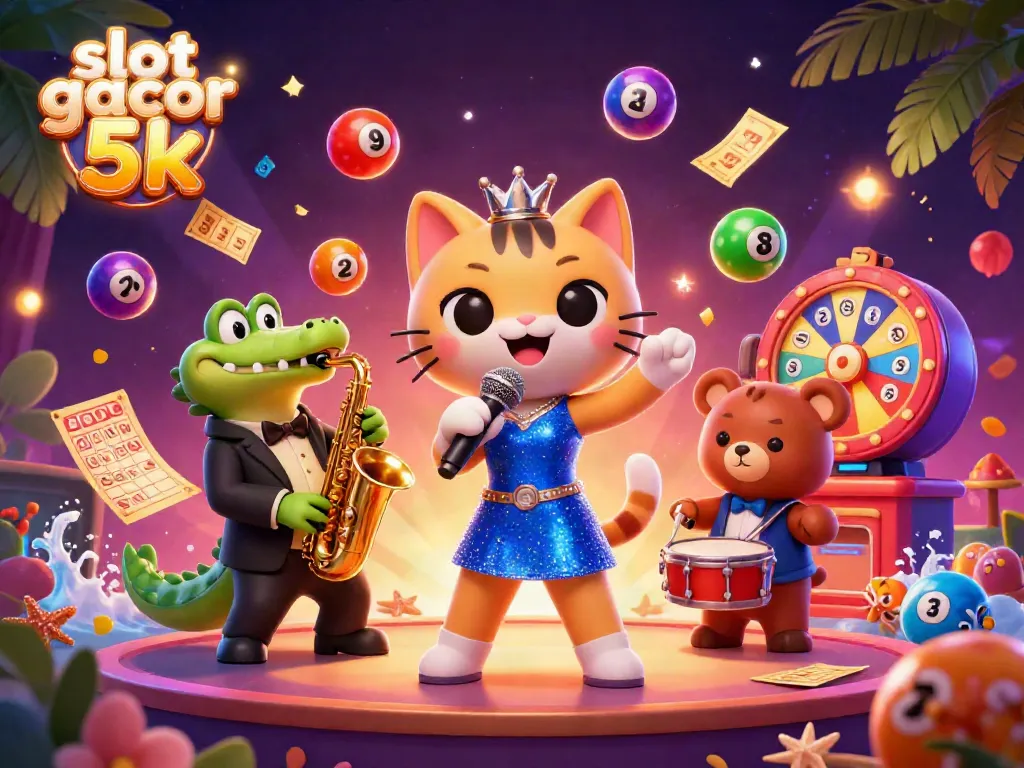 Gambaran slot gacor 5k yang meriah dengan karakter kucing penyanyi jazz di panggung kasino yang dikelilingi bola lotere.