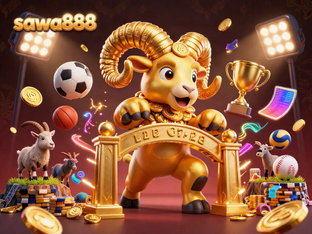 Experience immersive gaming with sawa888's golden ram and dynamic sports elements in a vibrant casino illustration.
