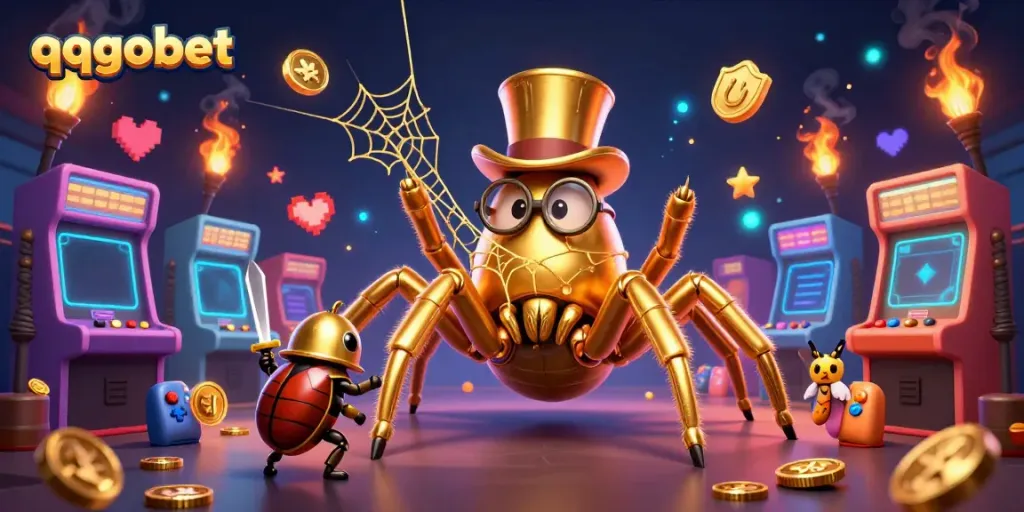 Join the adventure at qqgobet with a golden tarantula, a beetle knight, and gaming excitement.