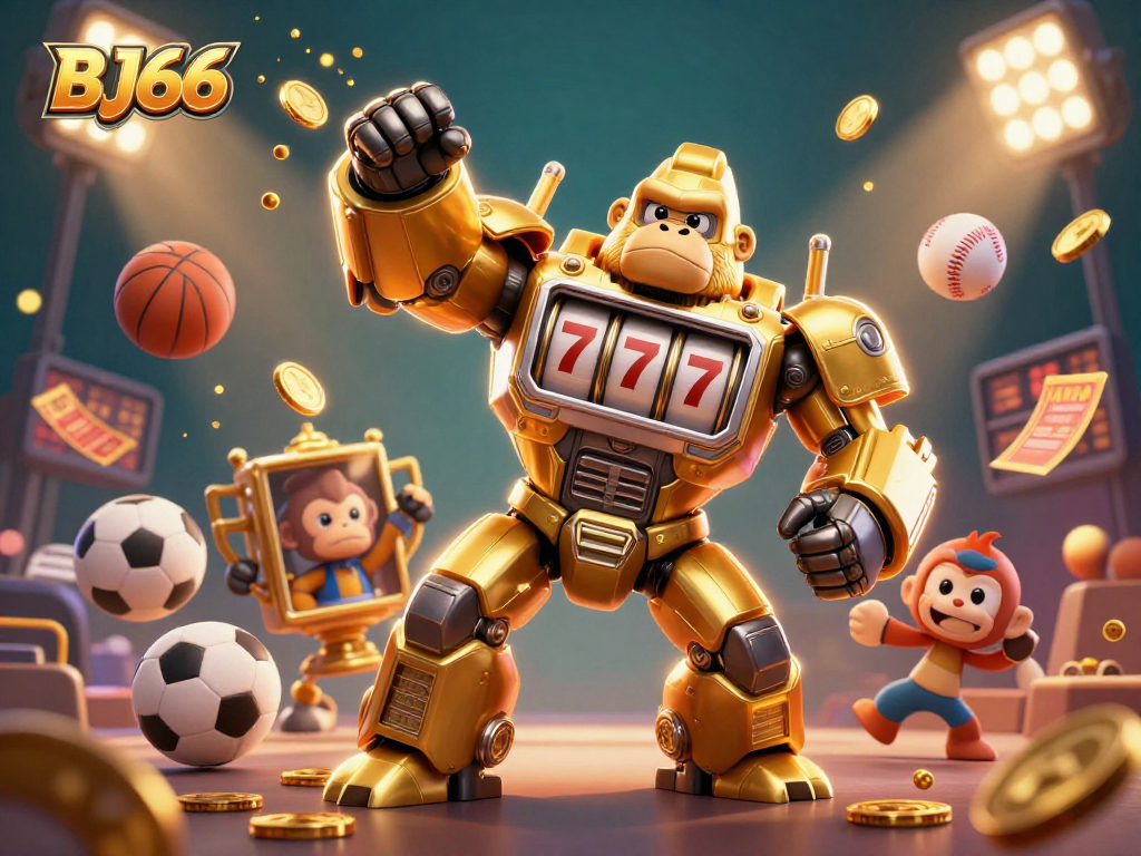 BJ66 showcases thrilling action with a golden mech and dynamic sports elements in a high-stakes gambling environment.