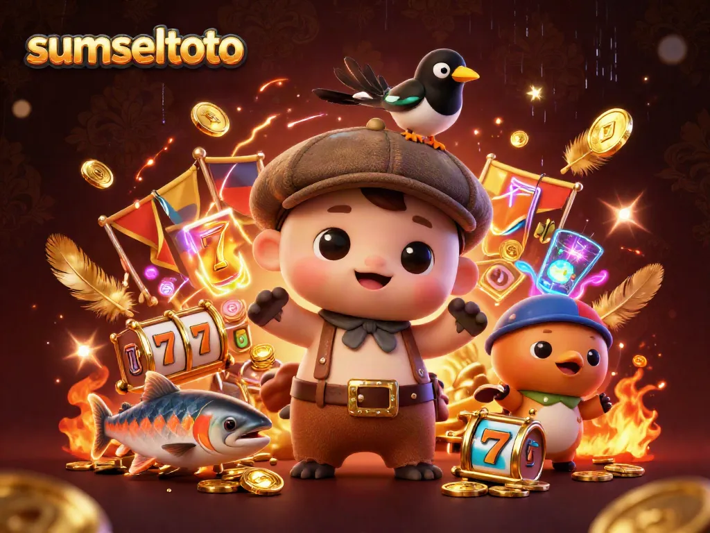 Experience gaming excitement at sumseltoto with a lively illustration of colorful characters and exciting slot elements.