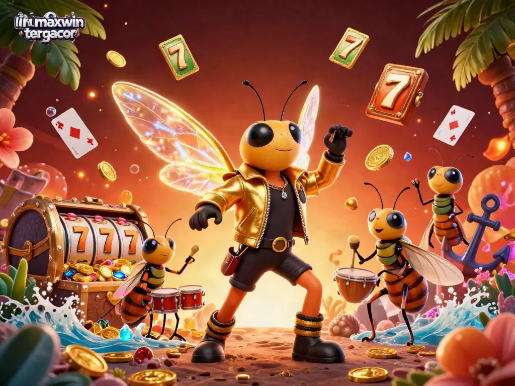 Engage in exciting gameplay with link maxwin tergacor, showcasing a vibrant casino scene with a cicada rock star amidst bursting treasures and slot elements.