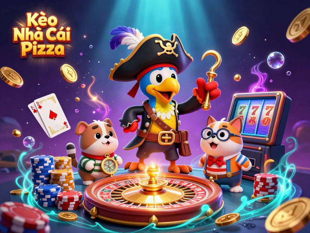Kèo Nhà Cái Pizza showcases a vibrant casino scene with pirate characters amidst flying coins and a spinning roulette wheel.