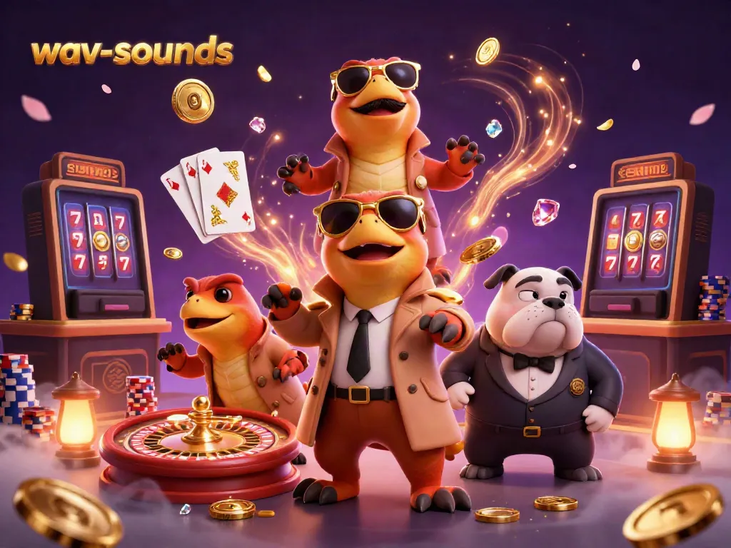 Raptors dalam trench coat di kasino VIP, menampilkan wav-sounds dan elemen permainan slot.