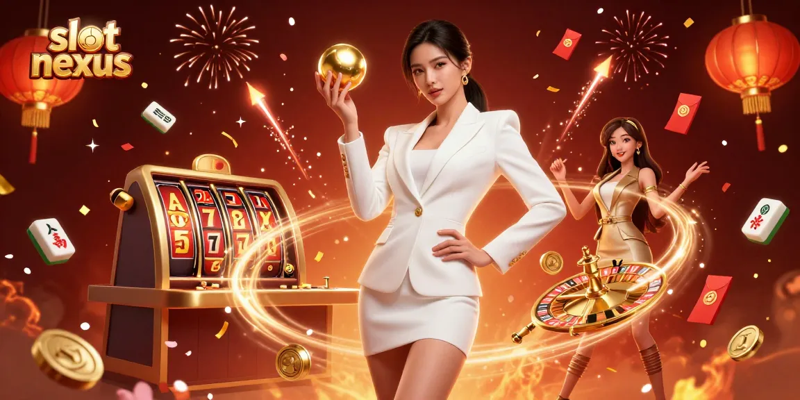 Engage with slot nexus through vibrant 3D illustration showcasing rich casino elements and dynamic characters.