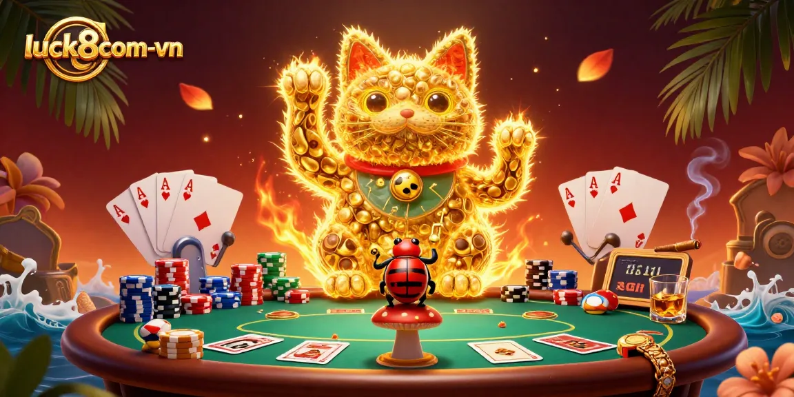Strike a jackpot with luck8com-vn in this vibrant illustration featuring a lively casino scene.