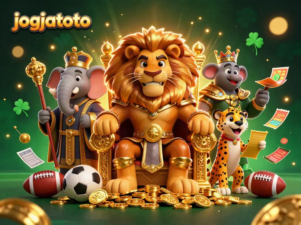 Engage with the thrilling world of jogjatoto sports betting featuring a king lion and vibrant elements.