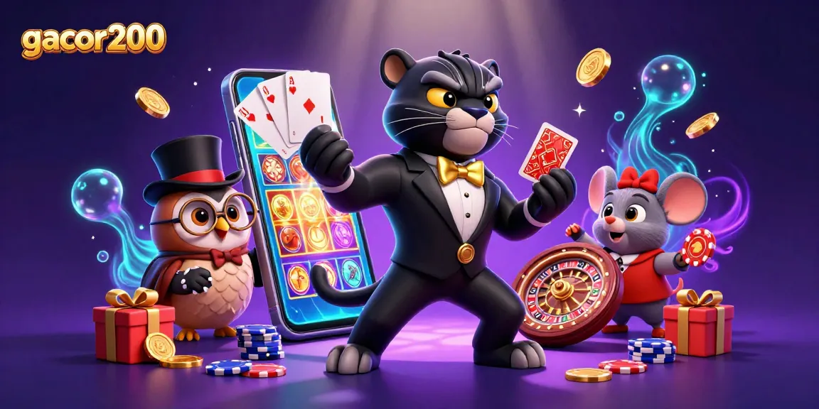 Menyambut kegembiraan di gacor200 dengan panther, owl, dan mouse yang bermain judi slot.