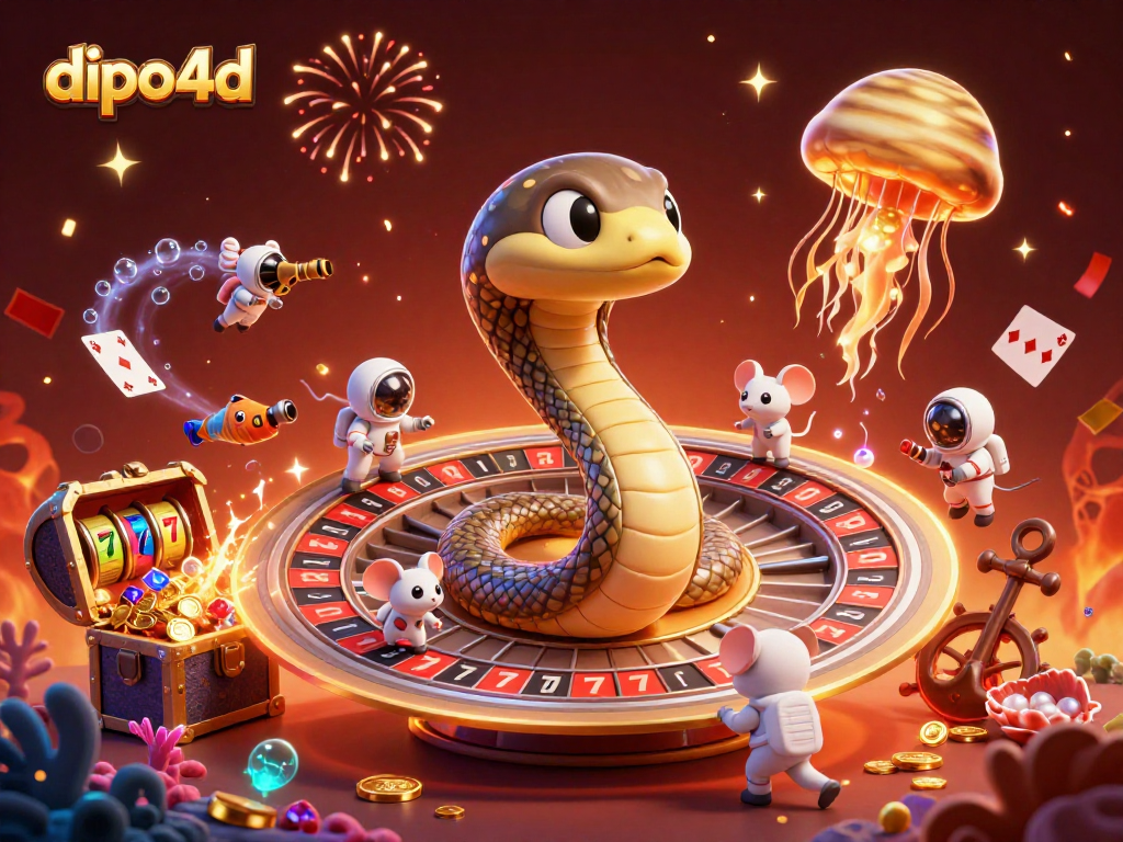 Experience thrilling dipo4d gaming with cartoon characters betting on a cosmic roulette scene.