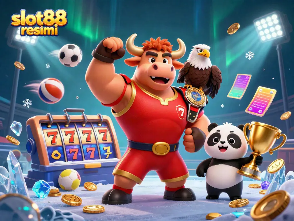Experience the thrill of winning at slot88 resmi with charismatic characters surrounded by dynamic gaming elements in a vibrant casino scene.