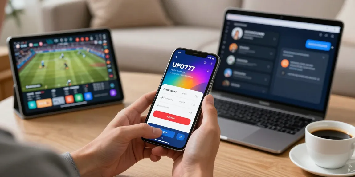 Pengguna aplikasi ufo777 yang nyaman menggunakan smartphone untuk melihat jadwal pertandingan dan fitur login di ruang tamu yang nyaman.