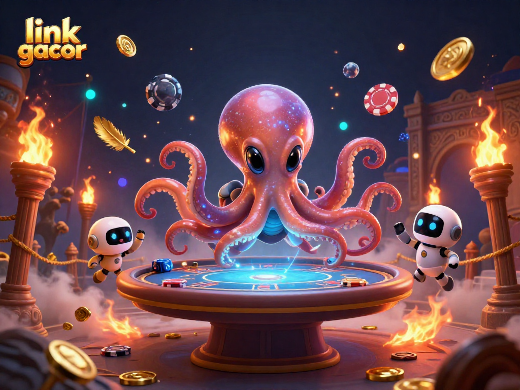 Engage with link gacor in an exciting digital poker scene featuring an octopus and robot.