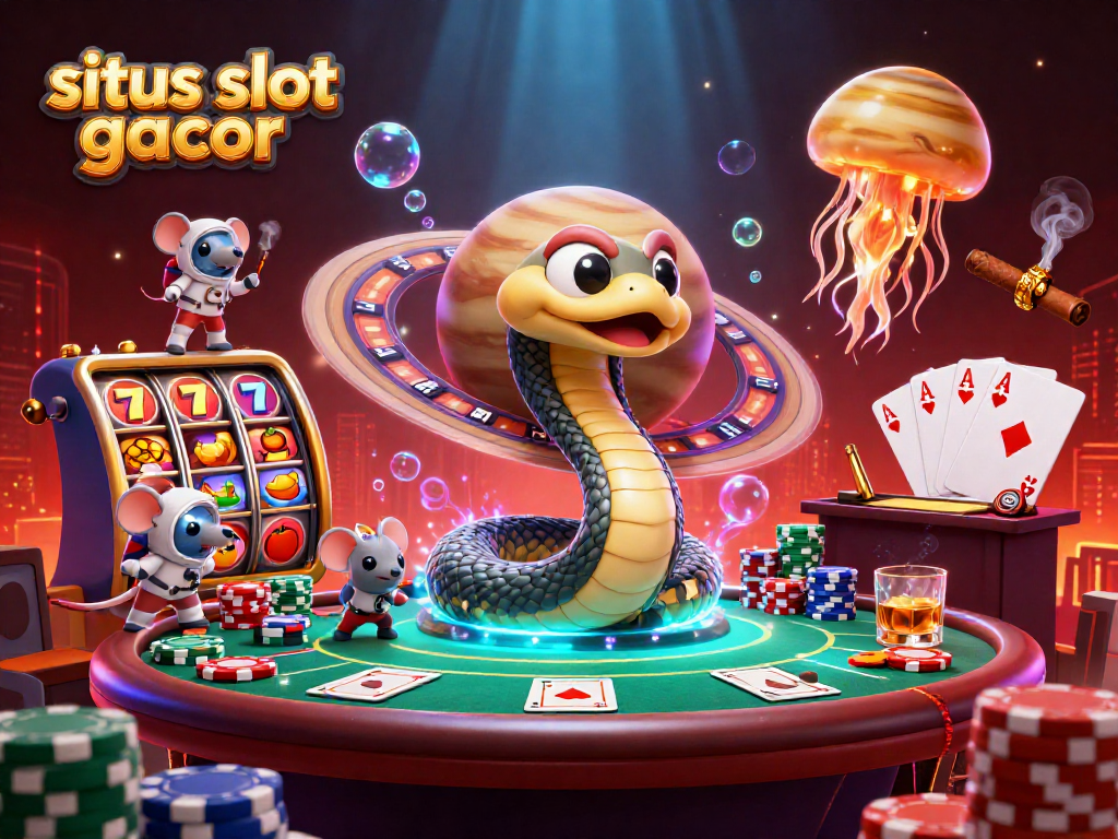 Experience the excitement of situs slot gacor with a vibrant cosmic casino illustration showcasing dynamic gambling elements.