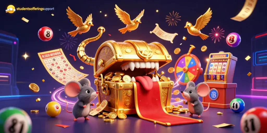 Menangkan jackpot di studentsofferingsupport dengan peti harta karun berkilau dan bola lotere berwarna-warni.
