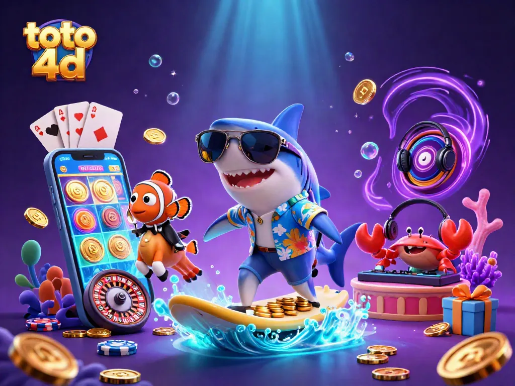 Muatan toto 4d yang menarik dalam ilustrasi 3D dengan hiu yang berselancar di atas koin emas.