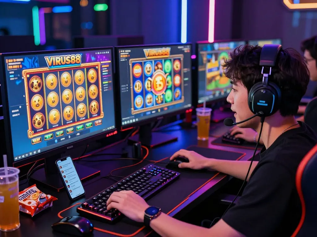 Pemain menikmati permainan slot online Virus88 di pengaturan permainan yang dinamis dengan layar animasi.
