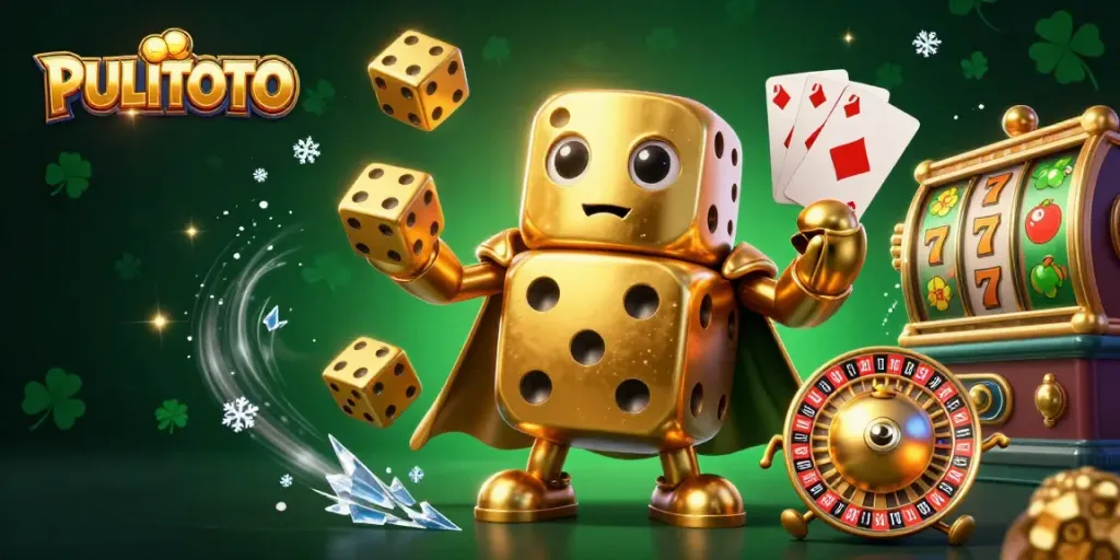 PULITOTO dice golem and companion in a vibrant casino scene filled with slot reels and golden elements