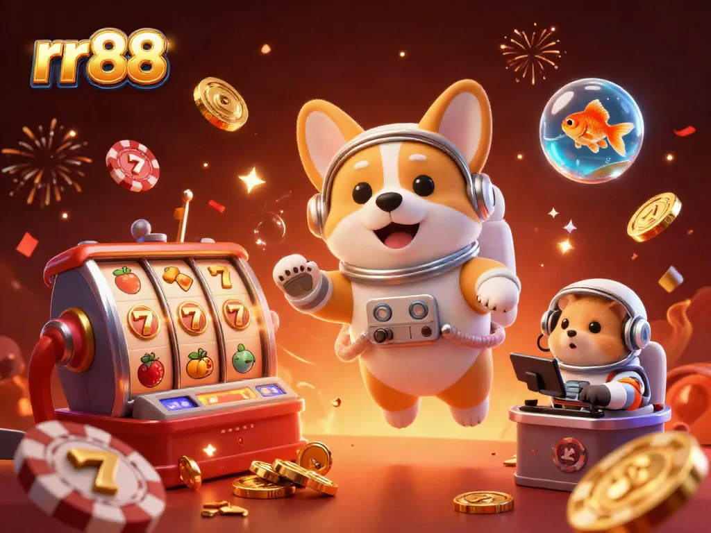 Experience high-energy gaming with rr88 amidst floating casino elements in space.
