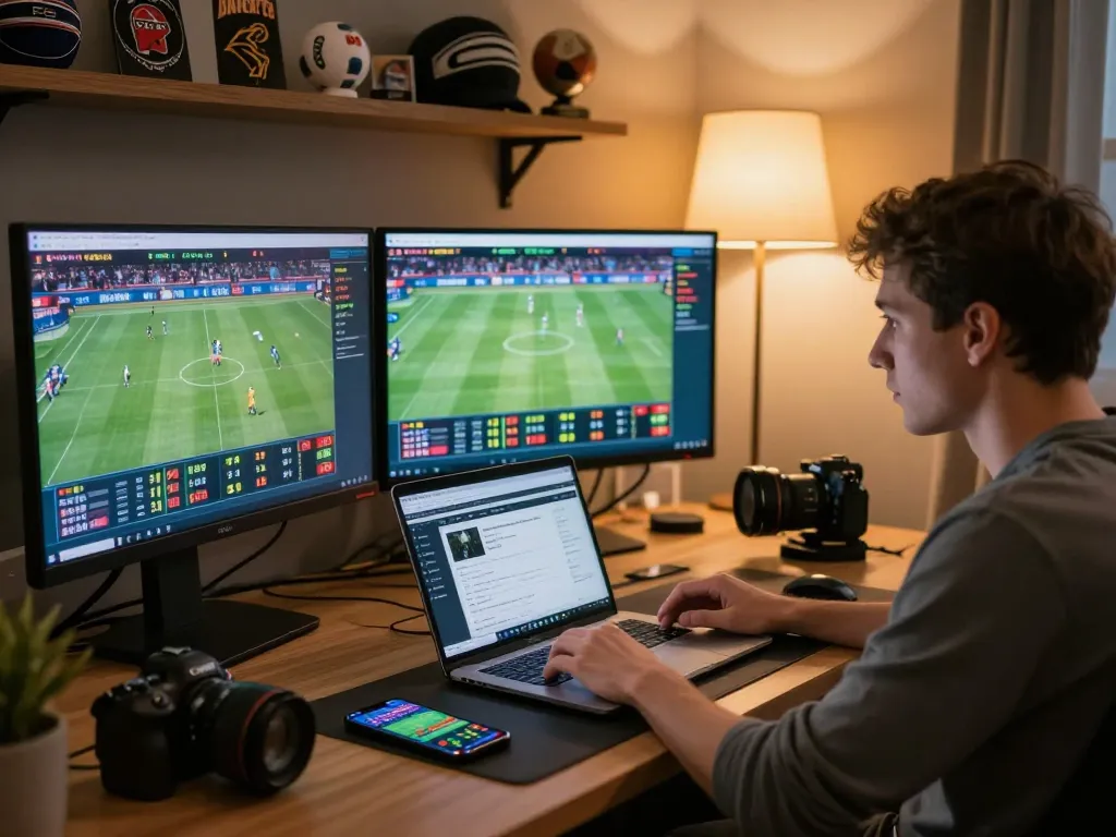 Skena taruhan olahraga online yang menarik dengan kenzototo ditampilkan di beberapa layar dengan aksi langsung dan pembaruan odds.
