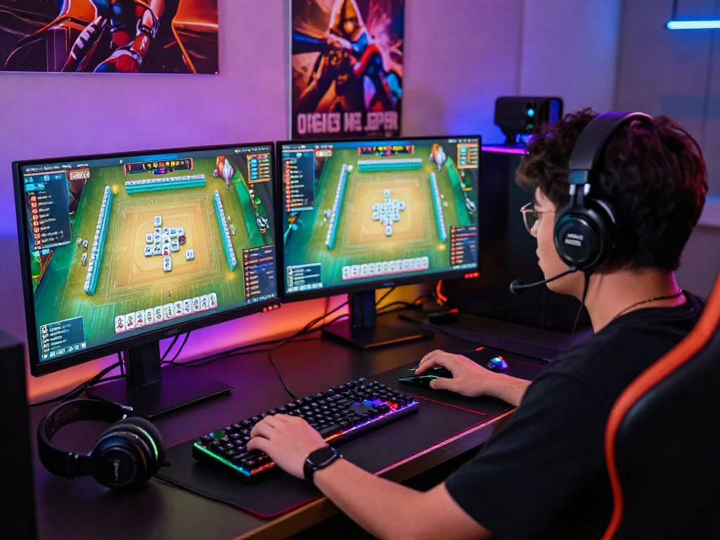 MahjongJP88 Official gaming tournament scene with focused player and dual monitors